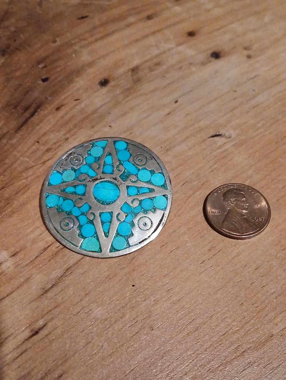 Vintage TAXCO Sterling/Turquoise Inlay Round Pendant/Pin  - Women's Jewelry